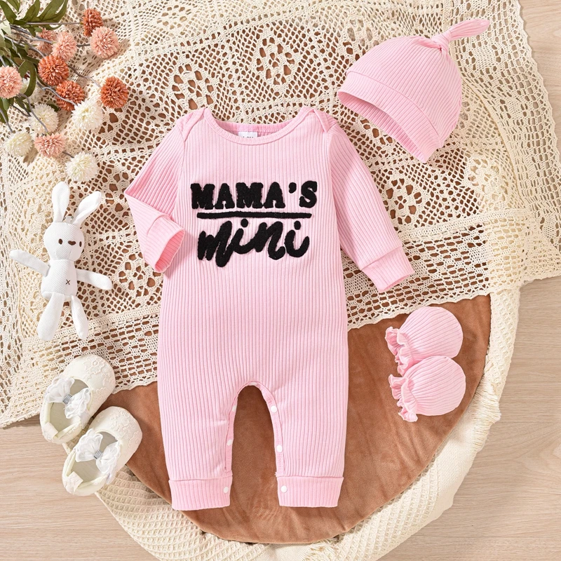 

2024-07-11 Lioraitiin Newborn Baby Fall Jumpsuit Letter Print Long Sleeve Round Neck Romper Hat Gloves Adorable Outfits