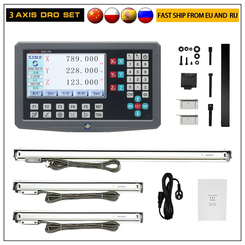 SINO 3 Axis Digital Readout Display Sets DRO with 3pcs Greating Glass Linear Scales Ruler Encoder Sensor for Milling Lathe