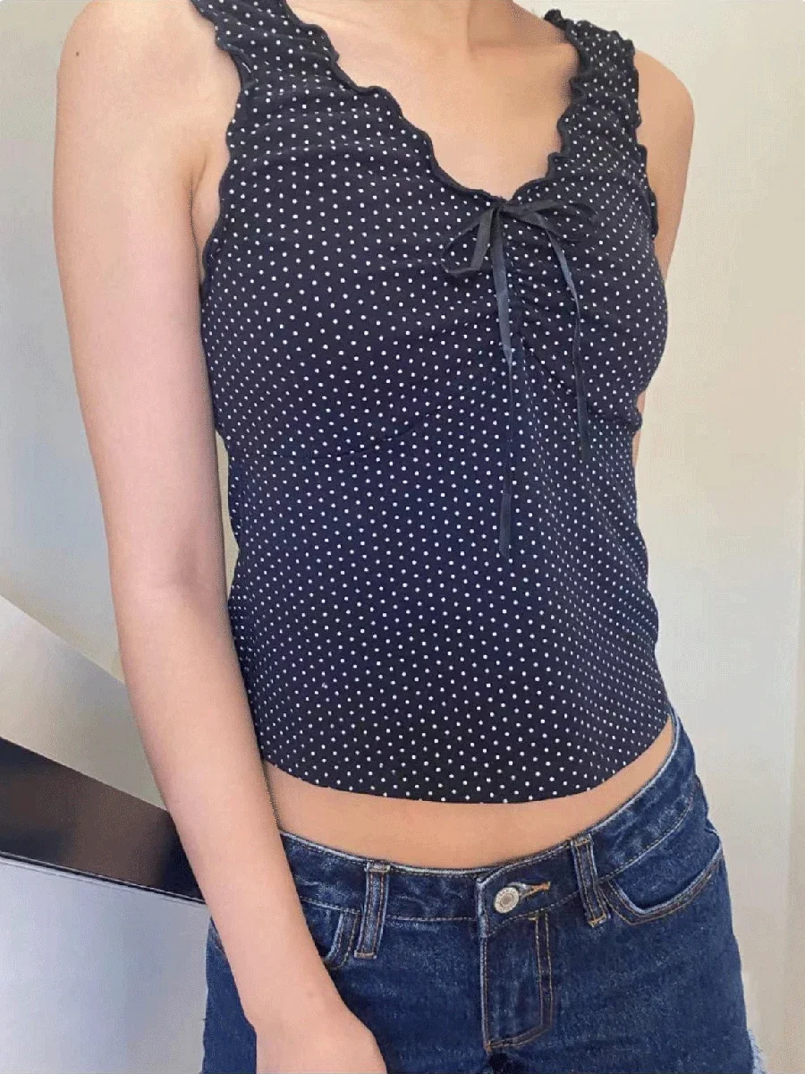 Women New Polka Dot Bow Black Tank Tops Summer Sexy V Neck Cotton Sleeveless Cropped Vests Vintage Sweet Ruffles Slim Crop Top