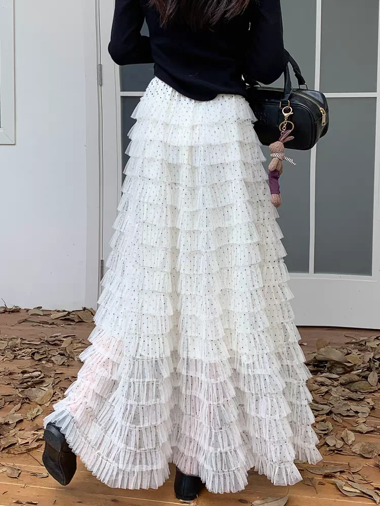 秋のティアードチュールポルカドットマキシスカートレディースハイウエスト流れるようなフレアスカート、伸縮性ウエスト、痩身Aラインシルエット