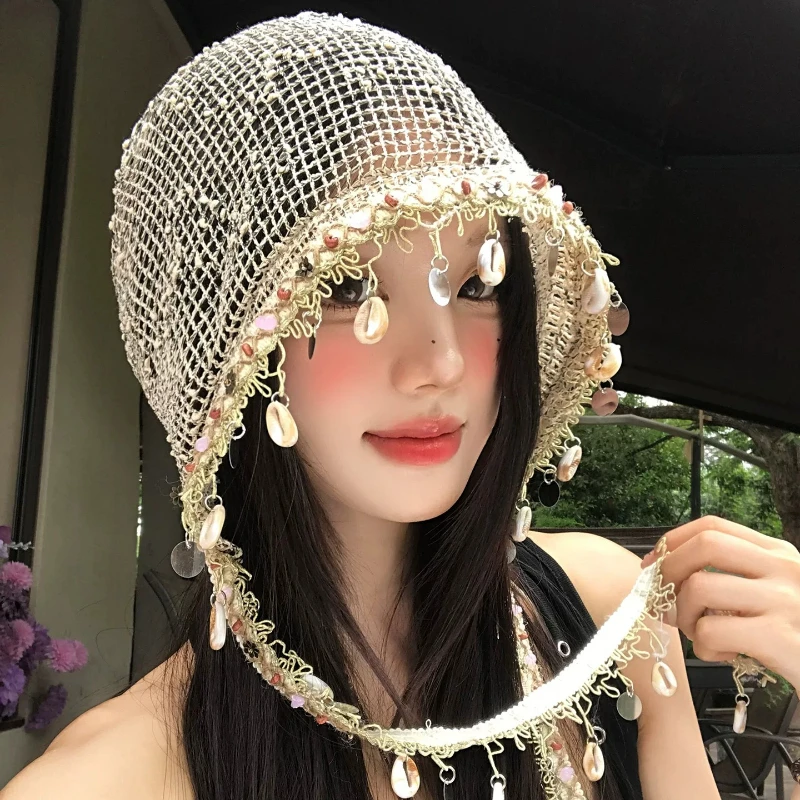 Bohemian Style Shell Tassel Hollow Pullover Hat for Women Summer Thin Style Breathable Face Small Big Head Bomber Hats Gorras