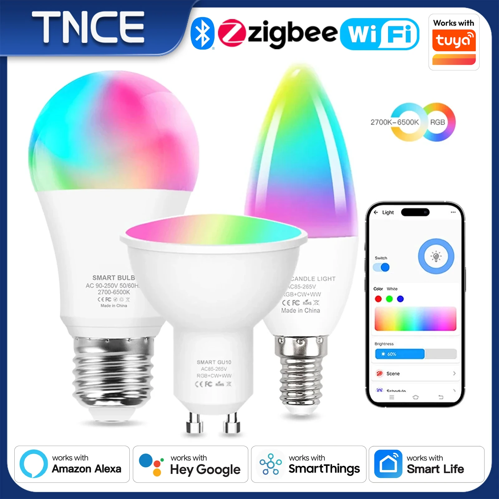 TNCE Tuya E27 E14 GU10 bombilla WIFI Zigbee, lámparas LED de luz regulable 2700-6500k RGB, aplicación Smart Life, voz con Alexa Google Home