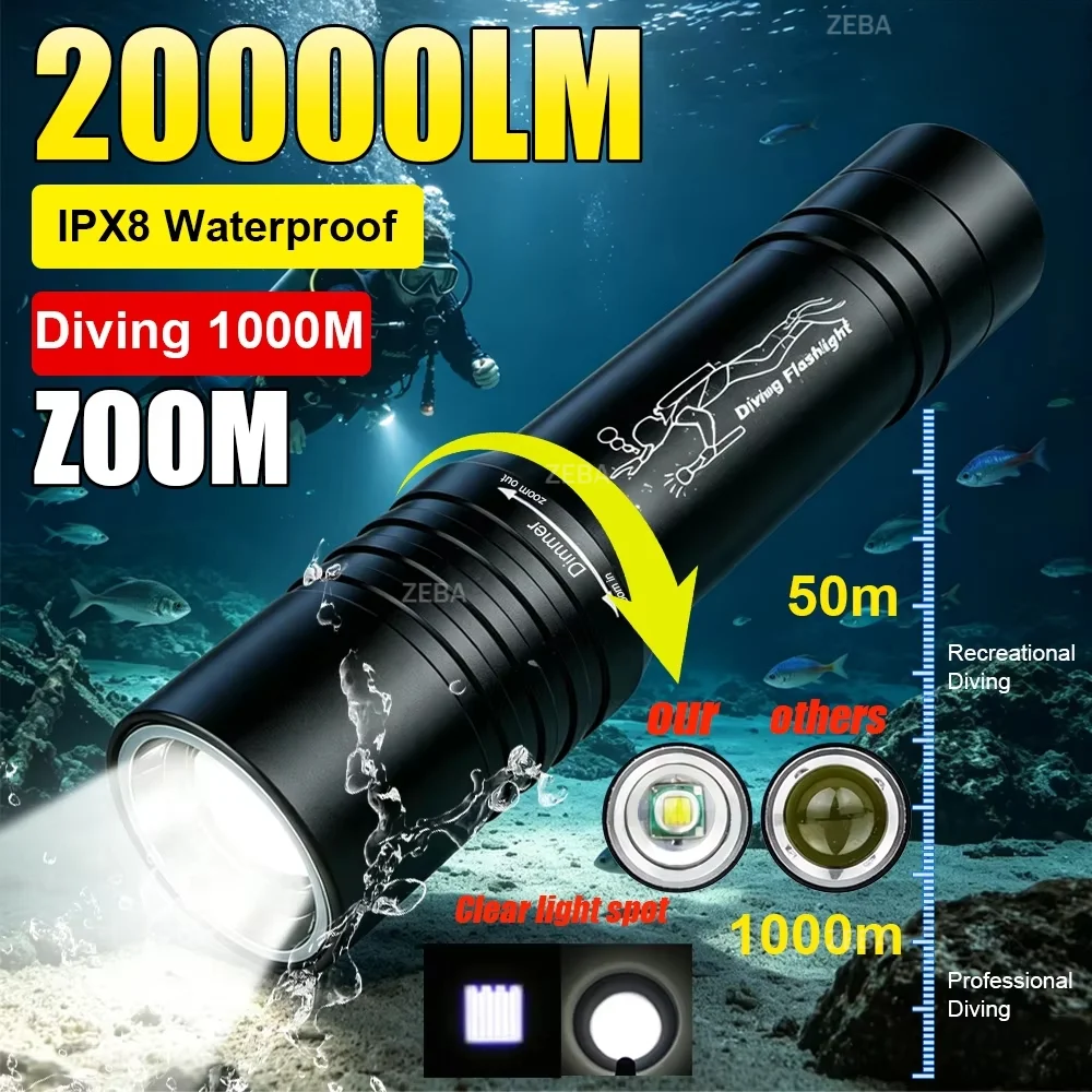 2026New20000LM Scuba Diving Flashlight ZOOM Diving Light Underwater High Power Torch Light Waterproof for Video Shooting Fishing