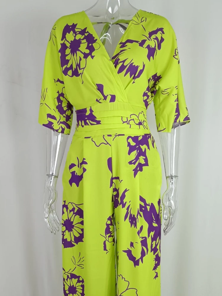 Jumpsuit Motif Elegan Fashion Celana Lebar Pinggang Tinggi Leher-v Lengan Pendek Musim Semi Musim Panas Jumpsuit Liburan Kasual untuk Wanita