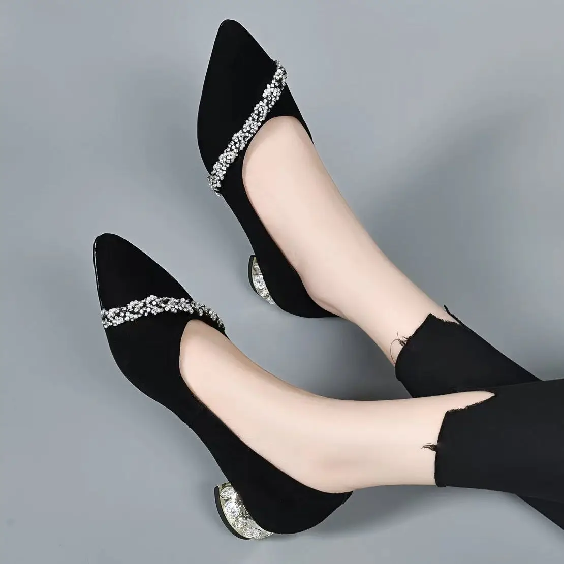 Women\'s Summer Footwear Diamond Shoes for Woman 2024 Rhinestone Office Low Heel Elegant with Crystals Black Stylish on Promotion