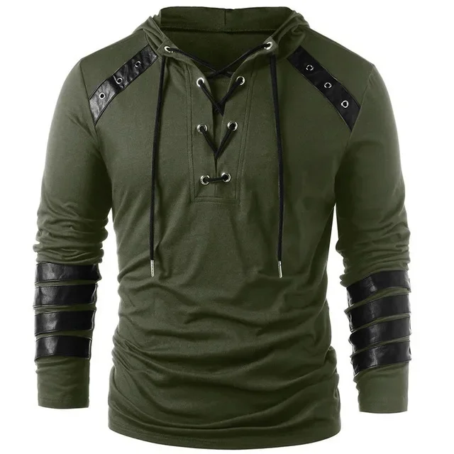 Camiseta Medieval para hombres adultos, sudadera gótica Steampunk con cordones, Jersey de manga larga con capucha, camisetas de Halloween, Tops