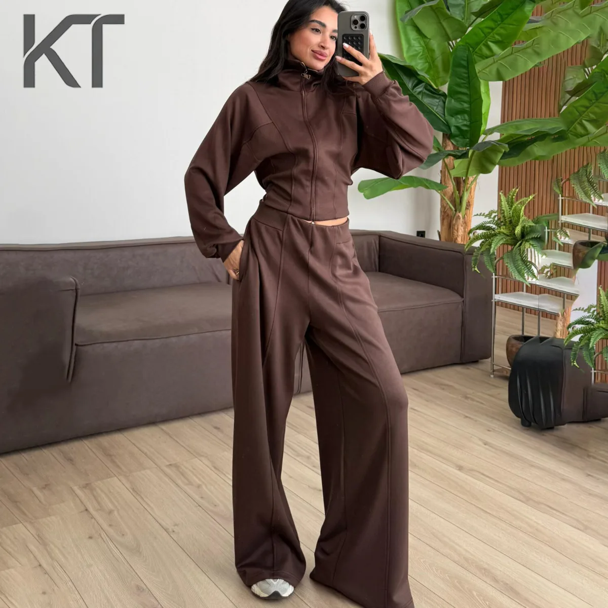 

KT Women's Brown Casual Tracksuit Set With Zip-Up Crop Jacket & High Waist Wide Leg Pants, Streetwear & Loungewear