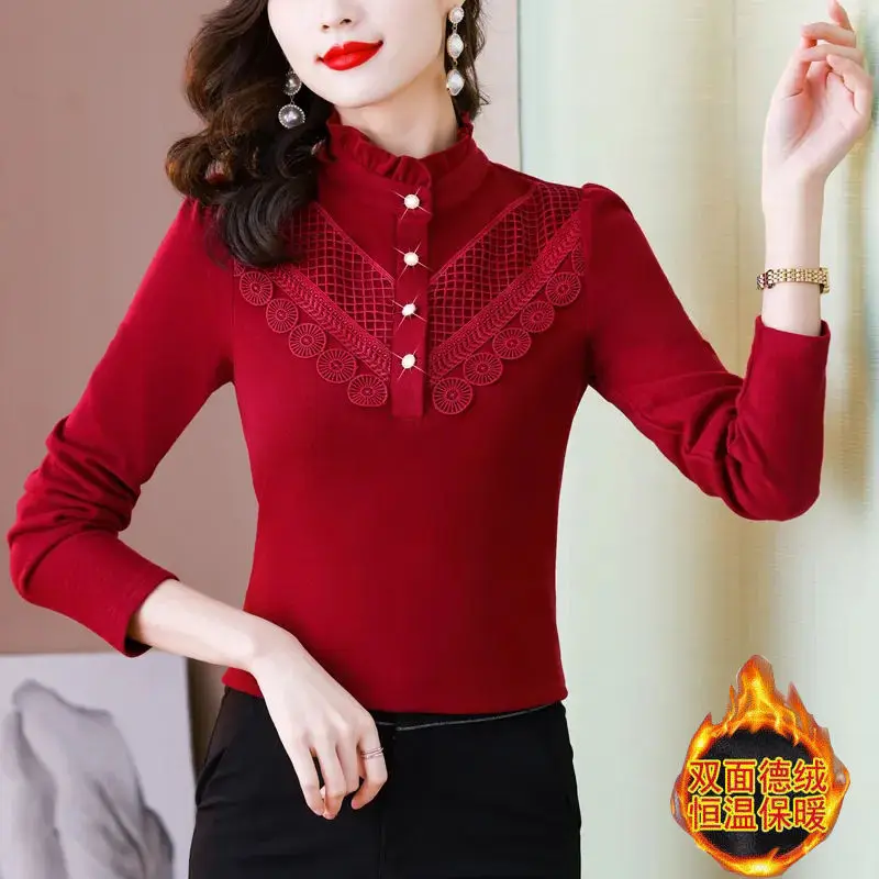 Autumn Winter Women Korean Elegant Ruffle Lace Slim Warm Long Sleeve Basic T-shirts Retro Half High Collar Ladies Tops Clothing