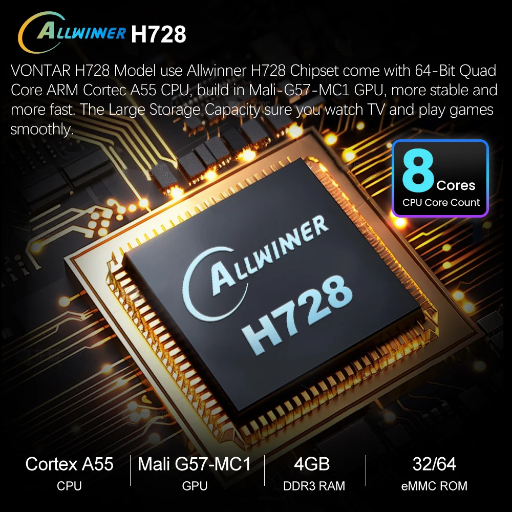 VONTAR Allwinner H728 Android 14 TV Box ثماني النواة مروحة تبريد تدعم AV1 8K فيديو 4K @ 60fps 1000M أندرويد 14.0 فك التشفير
