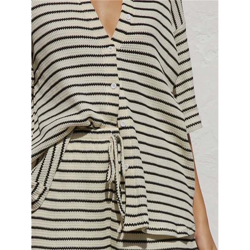 

Women's Summer Set Cotton Waffle Striped Shirt + Shorts Two-Piece Set-A55G