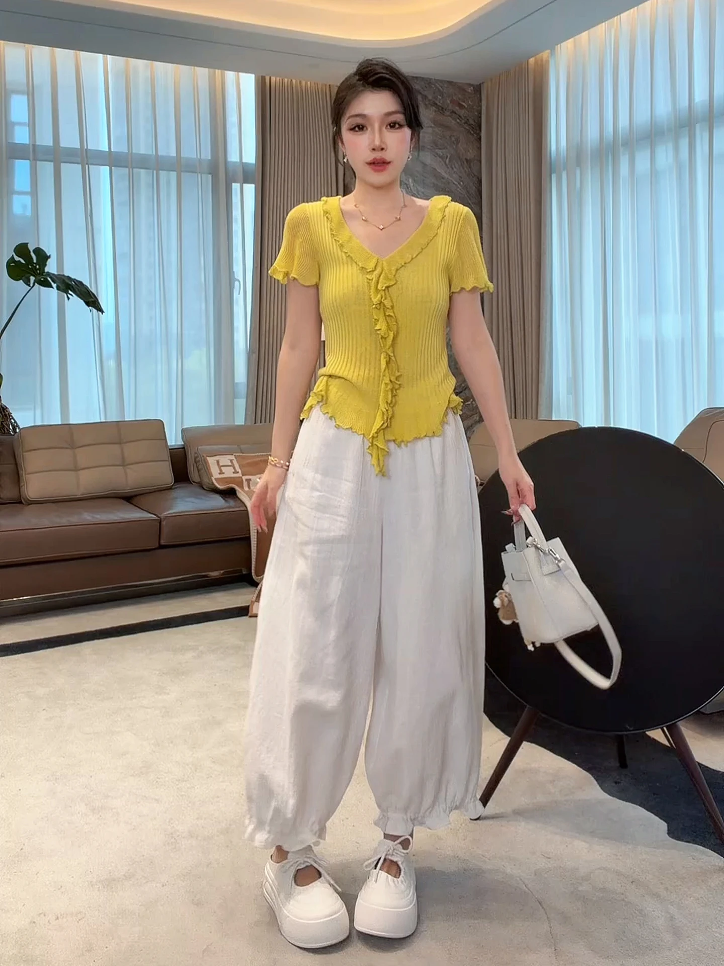 

Свободный льняной женский повседневный модный вязаный свитер ME Brand: стильный, стройнящий, универсальный, комфортный, дышащий топ с V-образным вырезом