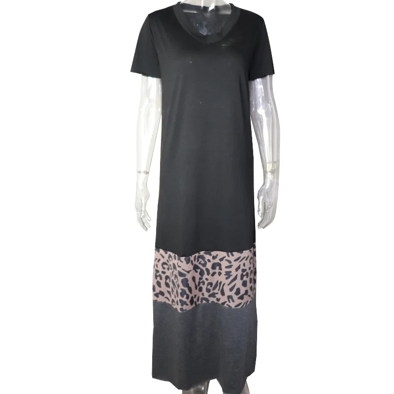 Simple And Loose Color Contrast Leopard Print Splicing Short Sleeve Print V-neck Long Dress Casual Dress Long Dress