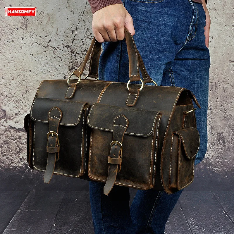 Männer Aktentaschen Männlichen 14-zoll Laptop Handtasche Business Schulter Messenger Tasche Computer Umhängetaschen Retro Crazy Horse Leder