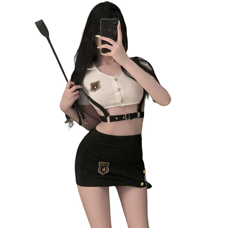 

Сексуальная женщина-полицейский на Хэллоуин, униформа для косплея, тонкая мини-юбка, стюардесса, Pure Desire, комплект из двух предметов, топ с юбкой