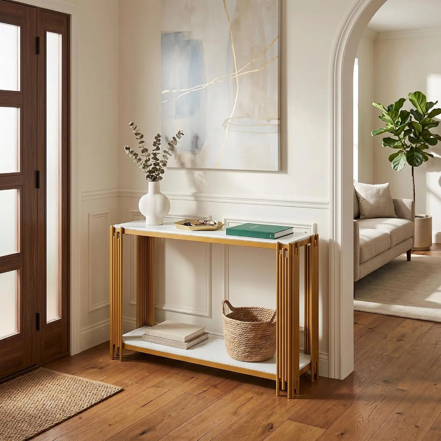 Marble Console Table Gold Metal Legs Rectangular Faux Entryway Modern Luxury Wood Sofa Table Living Room Small Space, Customized view 4