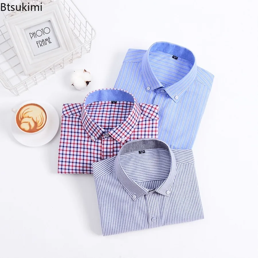 2024 Men's Long Sleeve Striped Cotton Oxford Shirts Fashion Classic Plaid Slim Formal Clothes Men Casual Social Shirt Oversized