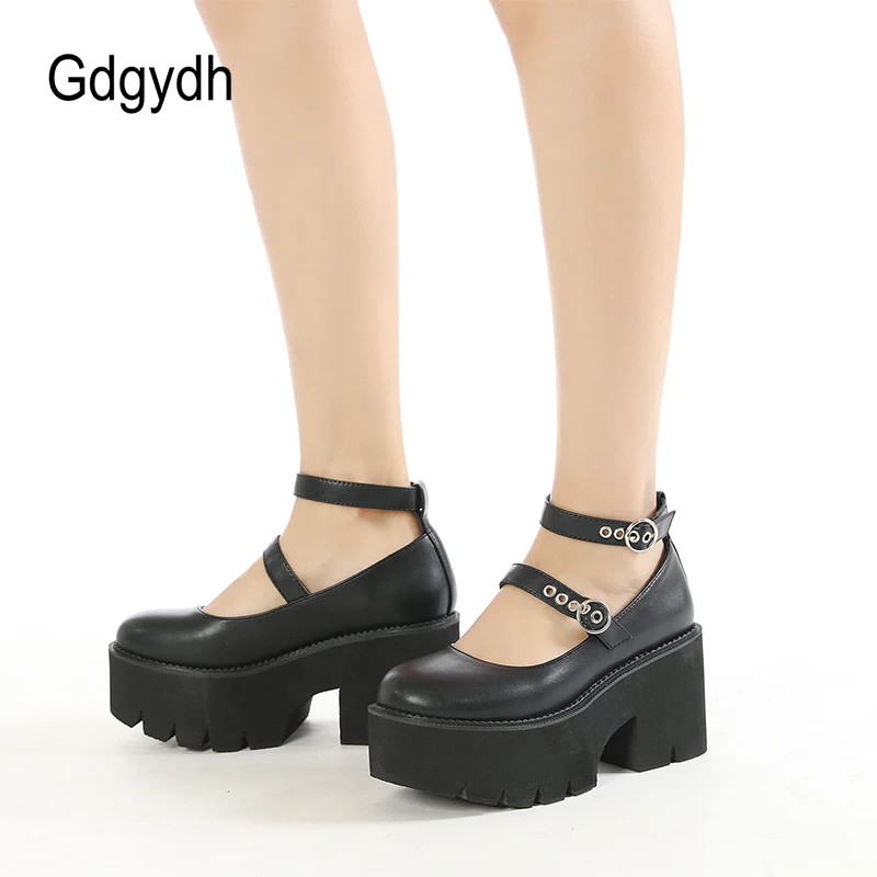 Gdgydh Round Toe Chunky Goth Platform Women Shoes Trendy Ankle Strap Mary Janes Pumps Suare Heels Lolita Style College Student