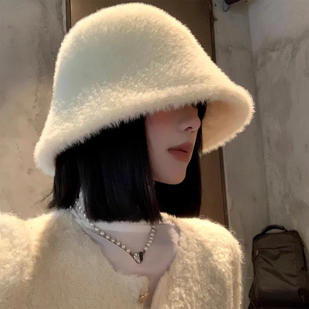 Korean Elegant Artificial Rabbit Fur Bucket Hat Women Autumn Winter Warm Thickened Fisherman Hat Panama Plush Basin Hat Lady Cap