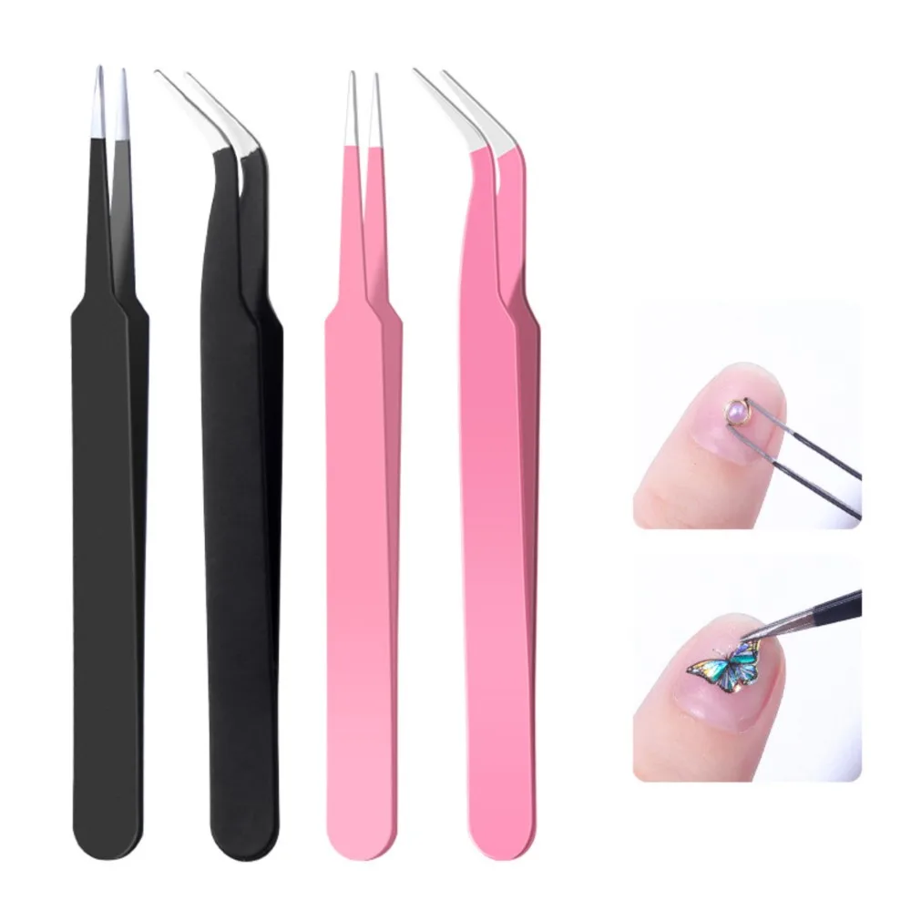 Stainless Steel Nail Tweezer Straight/Curved Lash Tweezers for Nail Sticker Rhinestones Picking Tool Makeup Manicure Accessories