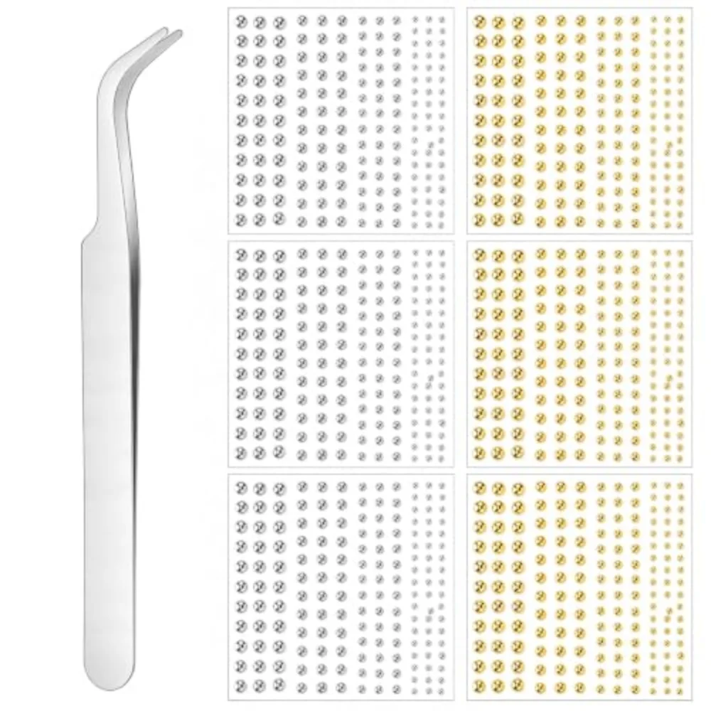 6 Sheets Face Gem Stickers Gold Silver Round Rhinestones 3‑6mm Self‑Adhesive Body Jewels with Tweezers Festival Party Makeup