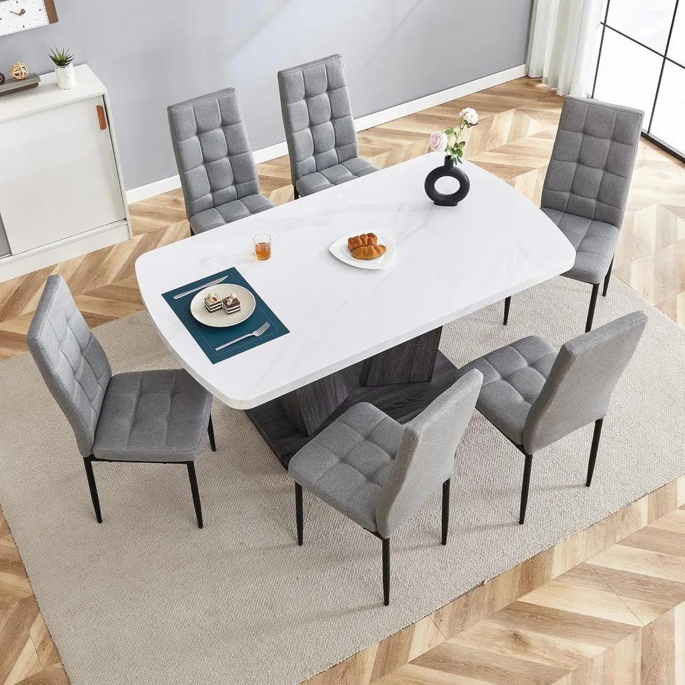 Marble Dining Table Set, V-shaped Table Wooden Legs Base,Kitchen Tables Set, 6Chairs for Kitchen,7Piece Modern Dining Tables Set