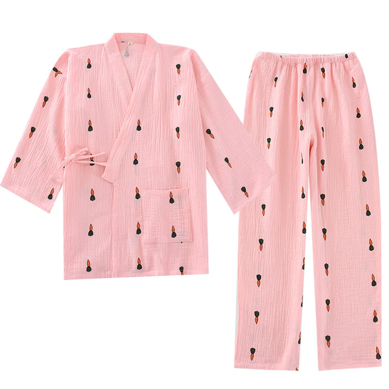 New 100% Cotton Crepe Women Long Sleeved Trousers Pajama Set V-Neck Carrot Printing Pajamas Kimono 2 Piece Soft Household Suit