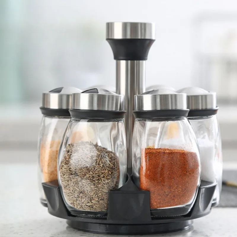 7pcs/set Spice Jar Set Rack Glass Organizer Rotating Glass Seasoning Sugar Pepper Bottles Salt Shakers Holder Kitchen Spice Rack