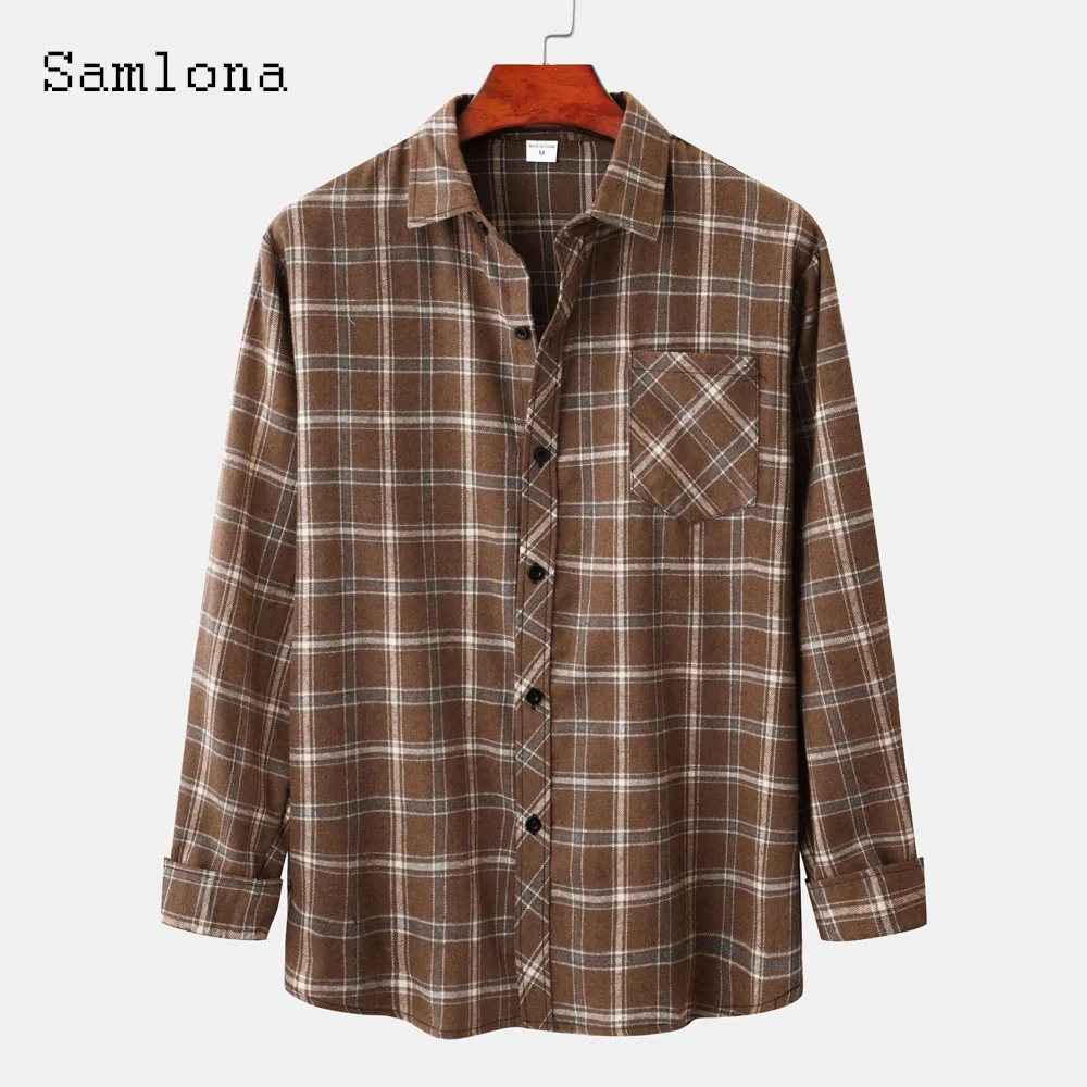 

Samlona Long Sleeve Office Mens Blouse Open Stitch Pocket Tops Casual Work Shirts Suits 2023 New Spring Retro Plaid Shirt blusas