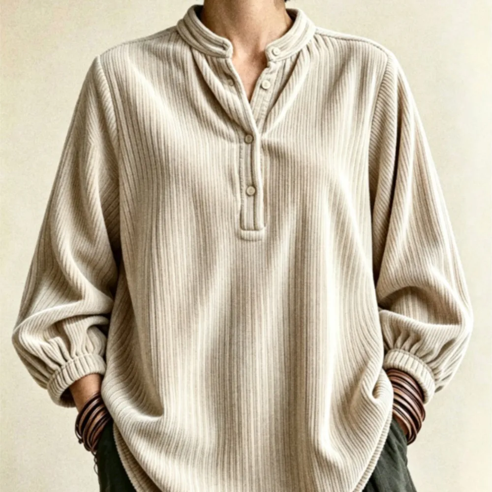 Retro Minimalist T-shirt Solid Color Casual Autumn Winter Street Style Long Sleeved Button Top Stand Up Collar Corduroy Tops