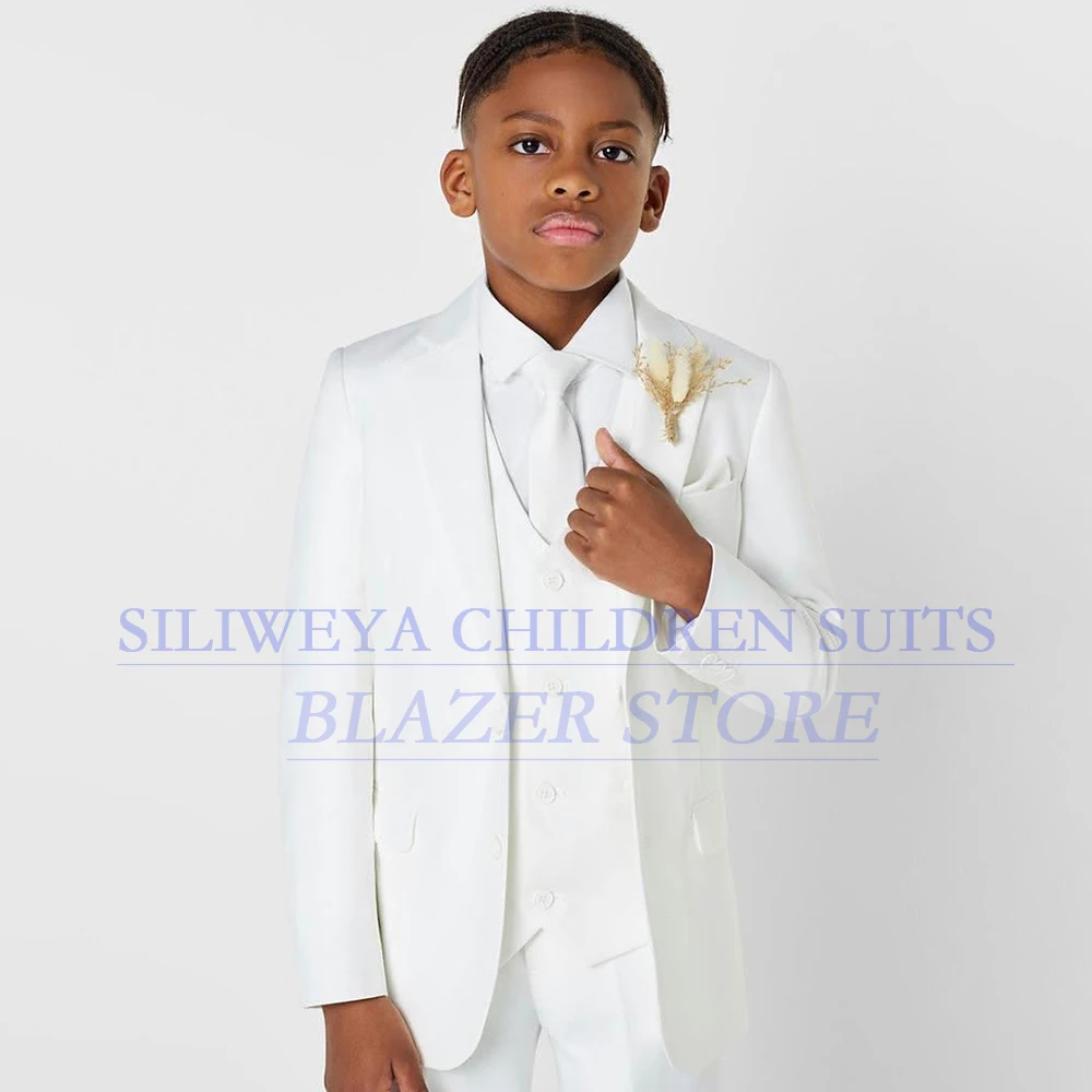 

White Boy's Clothing Elegant Wedding Single Breasted Peak Lapel Outfits Fashion Kids Outfits 3 Piece Jacket Pants Vest Sets