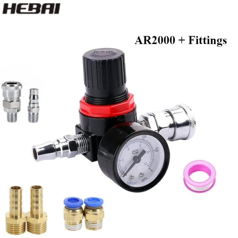 HEBAI AR2000 G1/4'' with Fittings FRL Unit  Air Control Compressor Pressure Relief Regulator Valve6mm 8mm 10mm 12mm