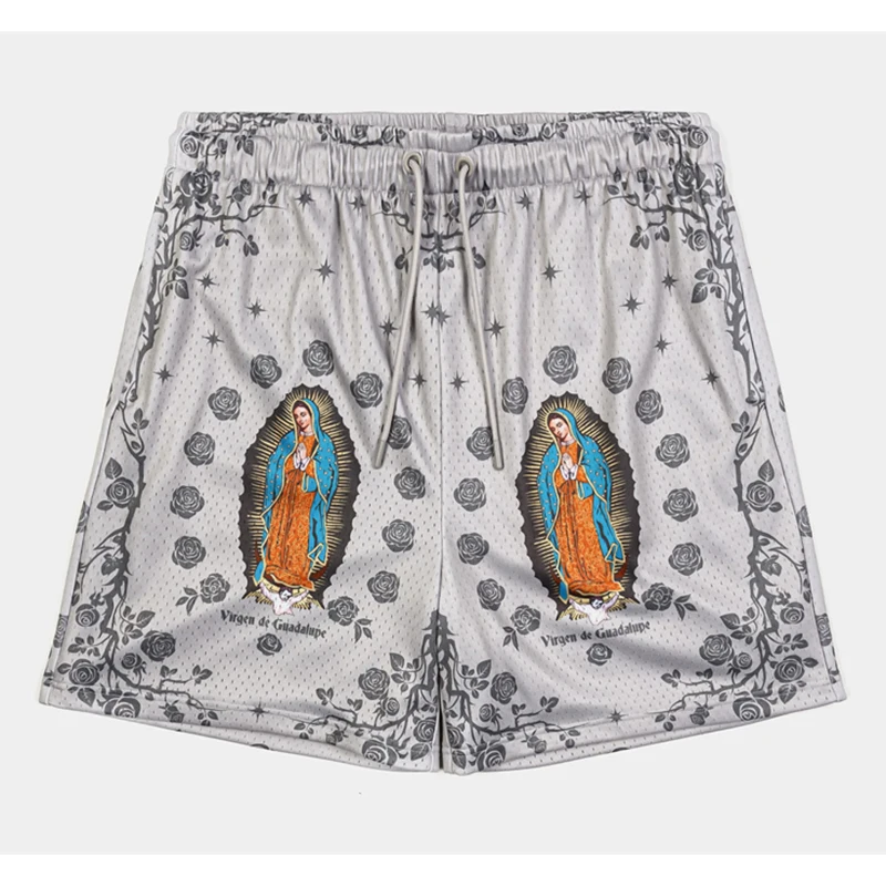 

Пляжные шорты с узором «Богоматери Гваделупской» для мужчин и женщин, летние уличные повседневные дышащие шорты с розовым дизайном, короткие шорты с цветами, новинка