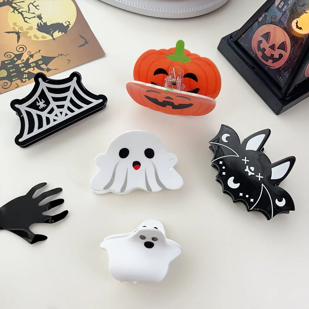 Halloween Ghost Pumpkin Spider Web Acrylic Hair Claw for Women Girls Horror Spooky Bat Claw Clip Crab Hair Clip Hair Accessories