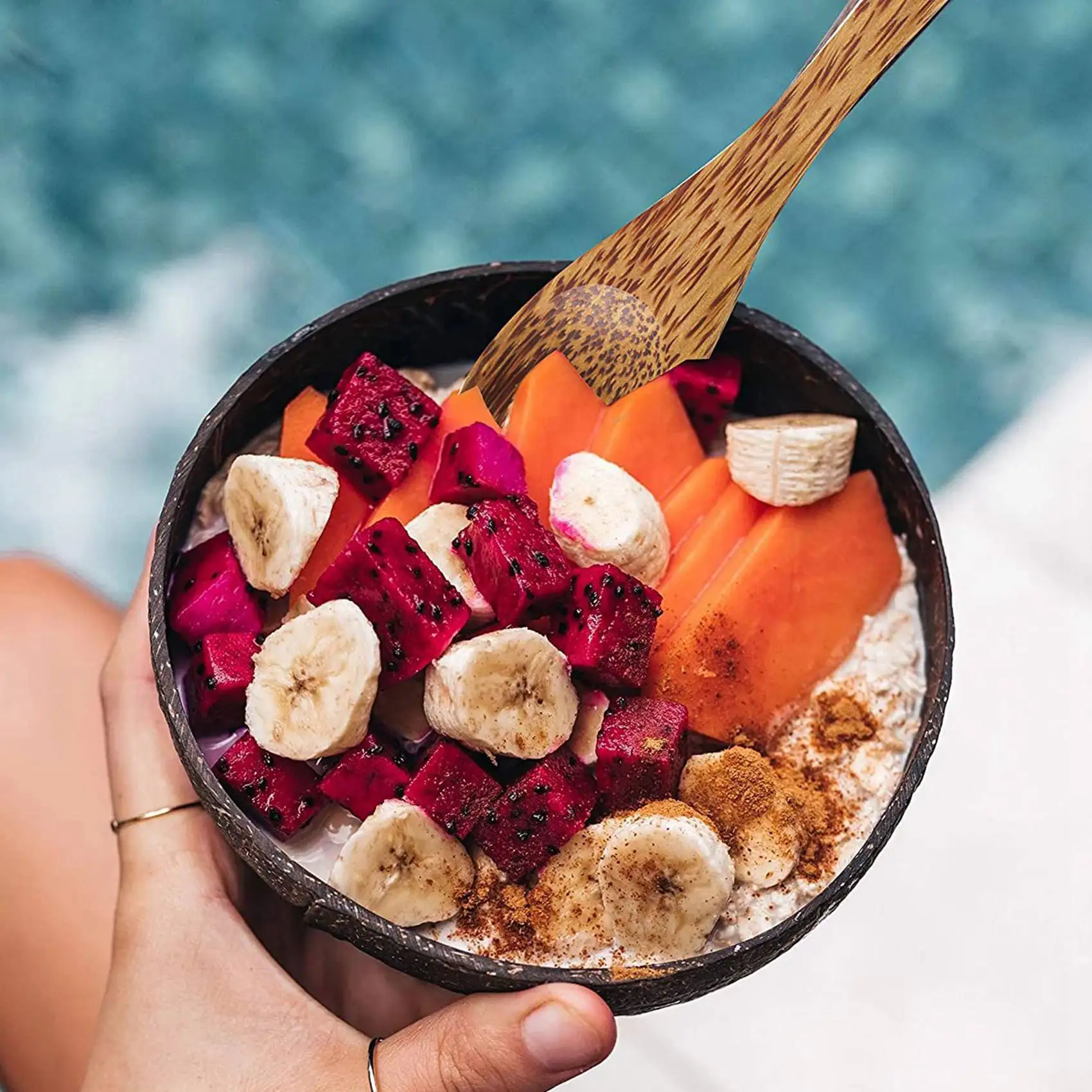 ABXF-kokosnotenkommen en lepelset, salad smoothie mengen dessert fruit ijs snackkom voor keuken, eetkamer 8-set