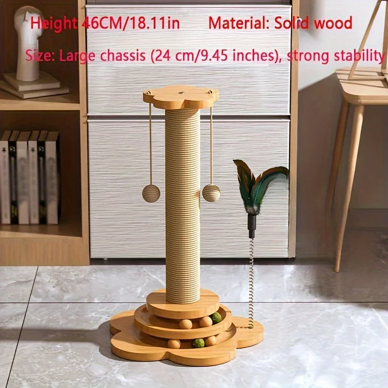 Premium Solid Wood Cat Scratching Post Turntable - Interactive Teaser Stick & Scratch-resistant Board - Durable Sisal Climbing S