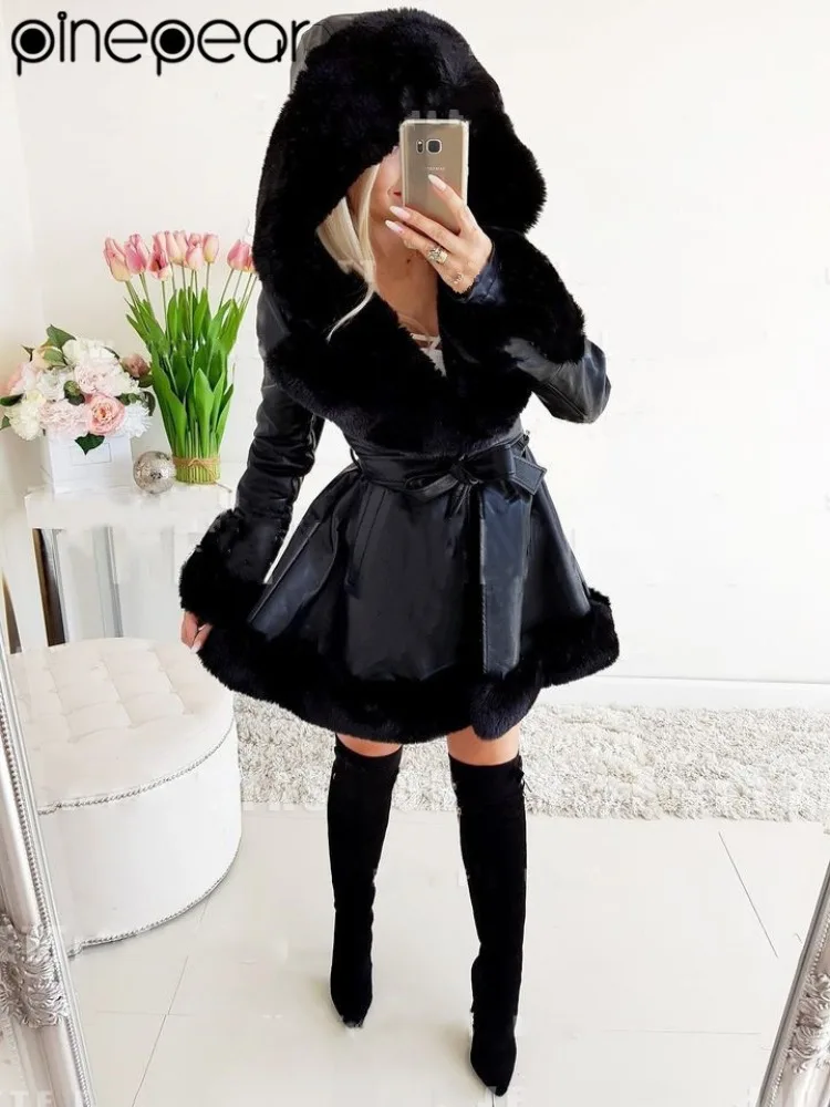 PinePear 2025 Fall Winter Pure Black Fur Leather Hooded Coat Long with Big Fur Collar and Cuff Women PU Leather Windbreak Coats