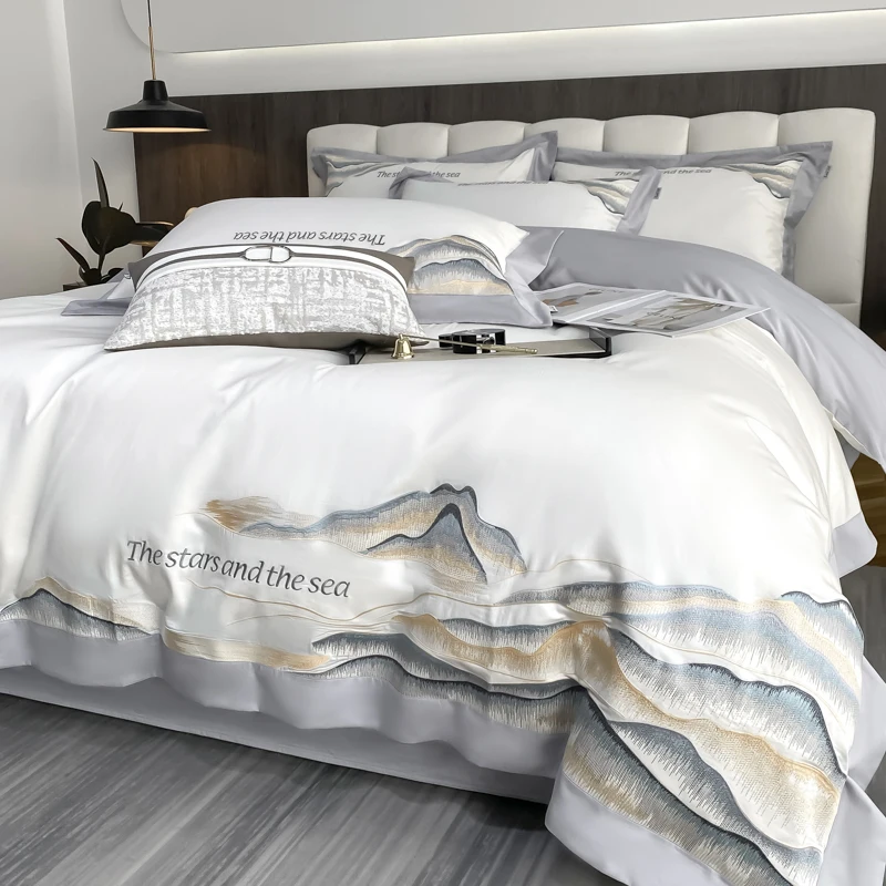 White Egyptian Cotton Bedding Sets Luxury 4pcs Solid Color Embroidery Duvet Cover Flat/Fitted Sheet Pillowcases Mattress Cover