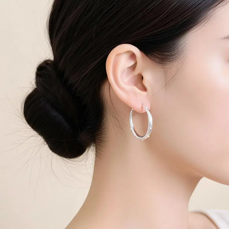 Silver Brushed Round Polka Dot Enamel Hoop Earrings Minimalist Elegant Design Fashion Jewelry for Women Evening Party