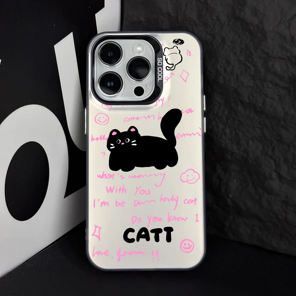 Korean Cute Black Cat Bow Phone Case IMD Color Silver Shell For IPhone 16 15 14 13 12 Pro Max Plus