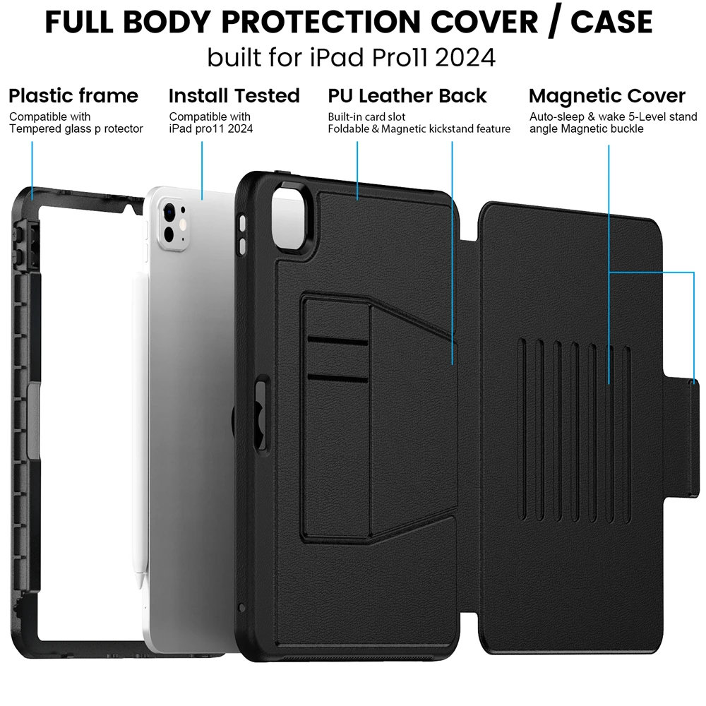 Tablet Case for iPad Pro 11 M4 2024 Smart Cover for iPad M4 Pro 11 inch model A2836 A2837 Multi-fold Back suction Case for A2832