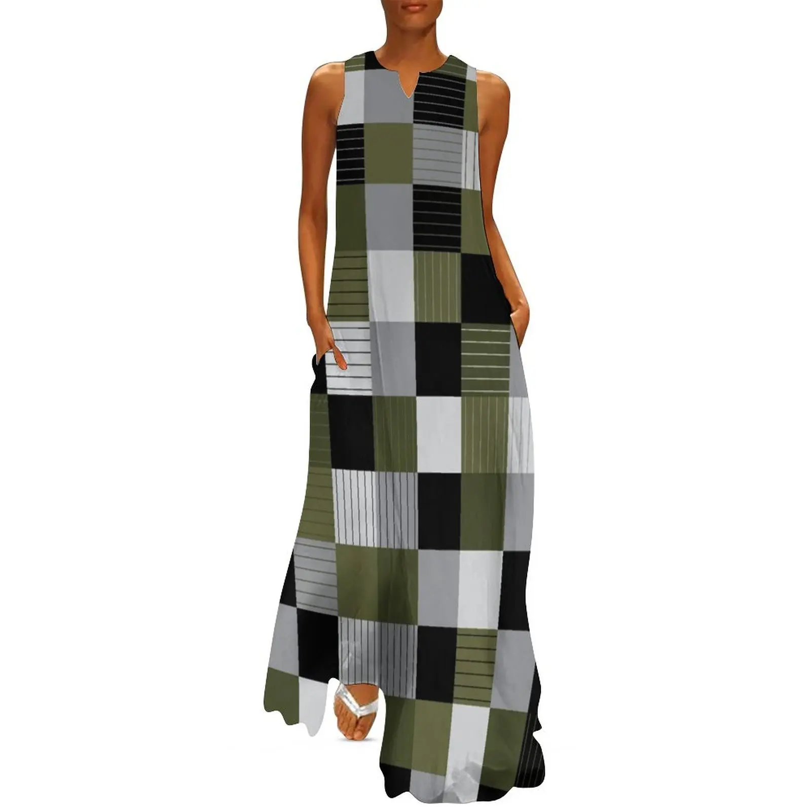 

Plaid Linear Sage Green, Black, Gray, White Square Design Long Dress evening dress prom dress luxury evening dresses 2024