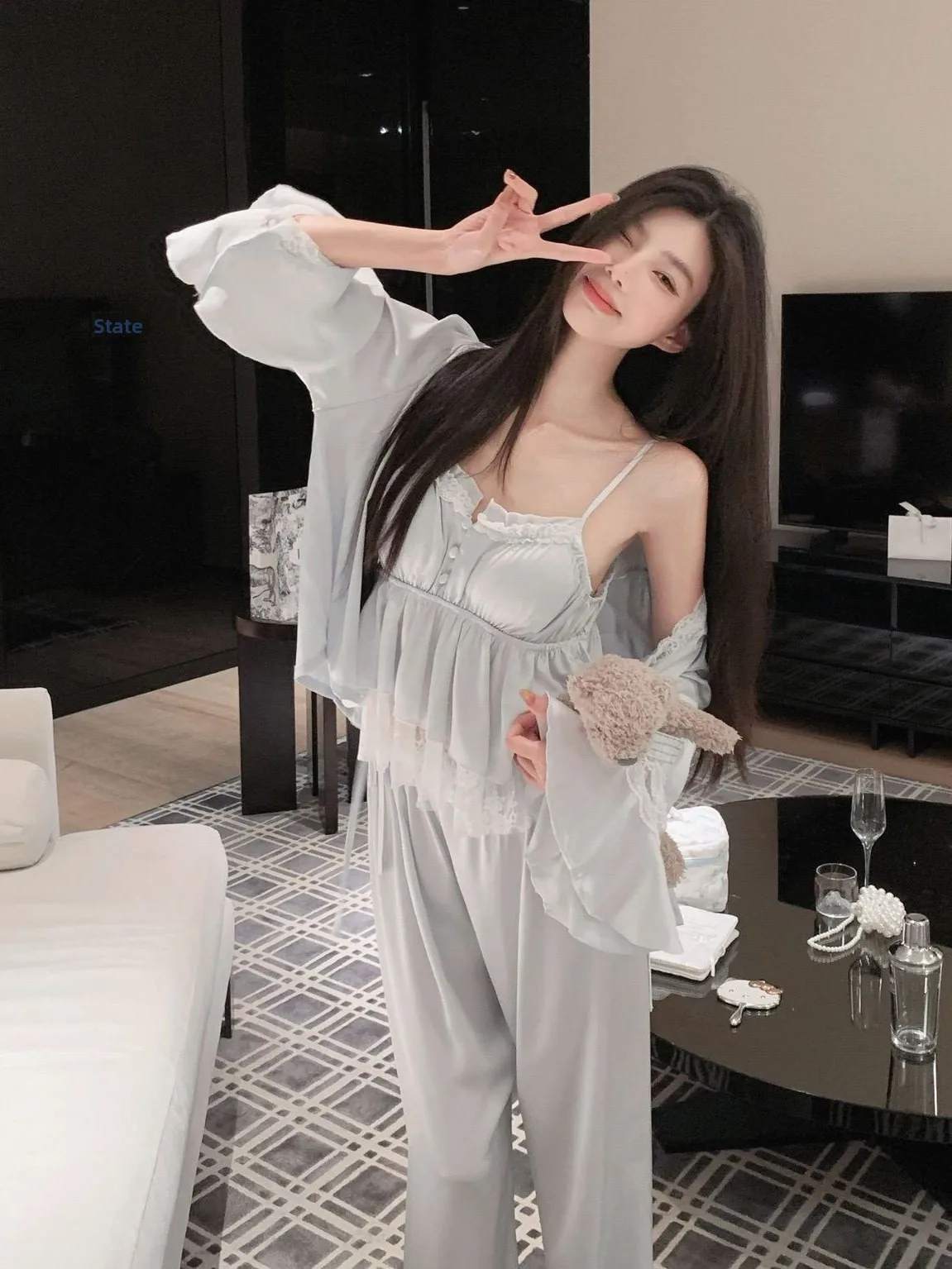 Princess Style Ice Silk Sleepwear Set Lace Long Sleeve Home Clothes Four-Piece Suite Comfortable Breathable Spring Summer