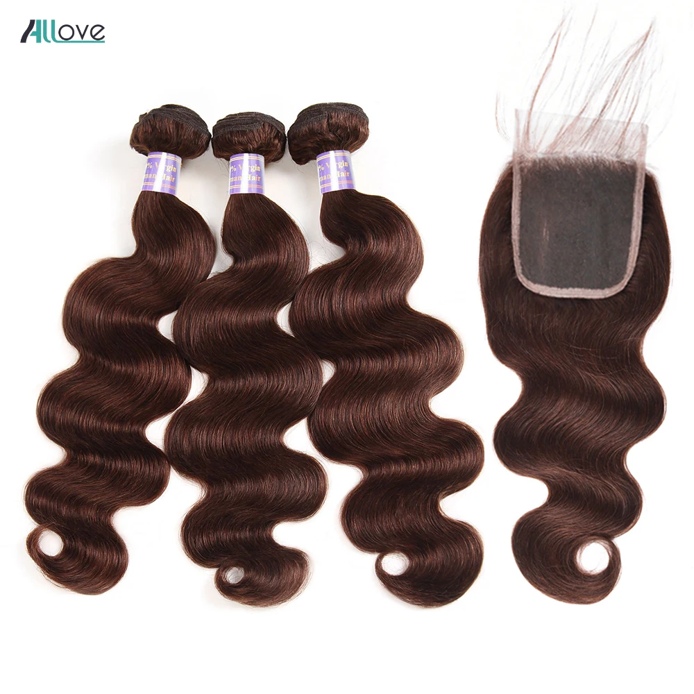 Allove Schokolade Braun Bundles Mit Verschluss Transparenter Spitze Verschluss Mit Körper Welle Bundles Farbige Brasilianische Remy Haarwebart