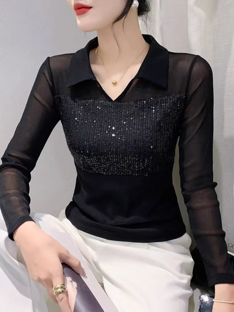 Spring Summer Women's Full Sleeve Mesh T-shirts Girls V Neck Sequined Stretchy Tshirt Top Femme Slim Black Tees