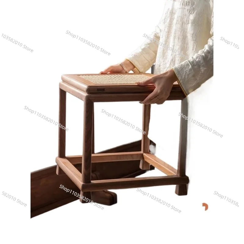 

New Chinese style rattan woven small square stool, solid wood shoe changing stool, household use