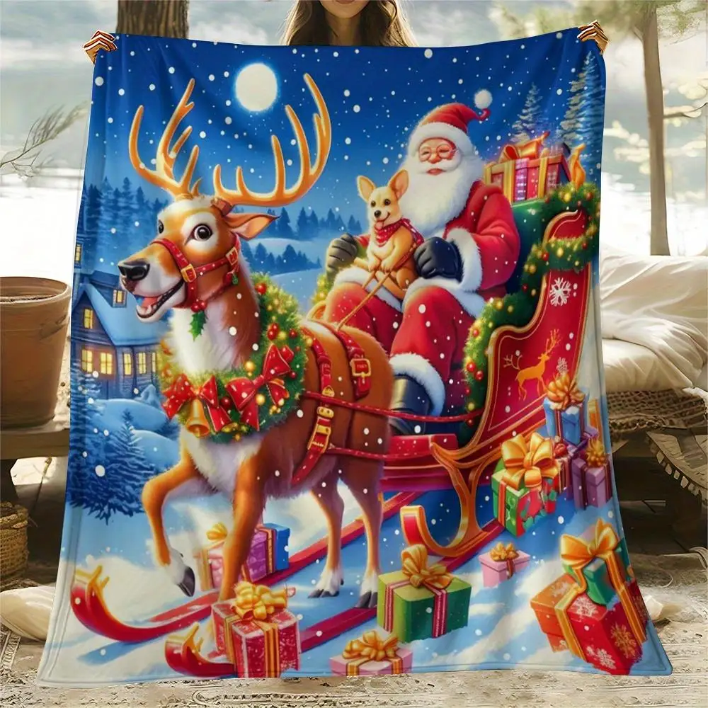 1pc Christmas Santa Claus Blanket - Soft Flannel Throw with Santa Sleigh, Reindeer & Presents - Lightweight Portable Bedspread f