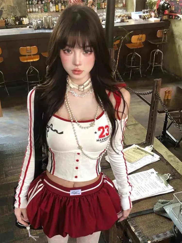 

Y2k Укороченные футболки с открытыми плечами, женские милые кружевные топы с графическим принтом и длинными рукавами, эстетичная корейская мода, тонкие топы Kpop, уличная одежда