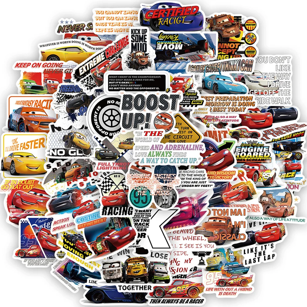 50pcs Classic Disney Anime Cars Stickers Decals DIY Skateboard Phone Luggage Bike Cool Cartoon McQueen Lightning Decals Toy Gift