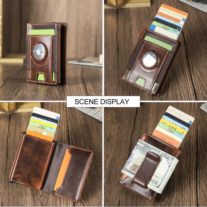 Multifunctional Wallet Genuine Leather Card Holder With Elastic Men  Clip AirTag Slot Aluminum Box Large Capacity RFID Protect