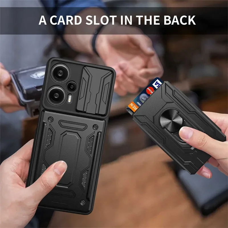 For Xiaomi Poco F5 Case Slide Camera Lens Protect Shockproof Armor Cases Xiaomi Poco Little F5 5G Card Slot Bracket Back Cover